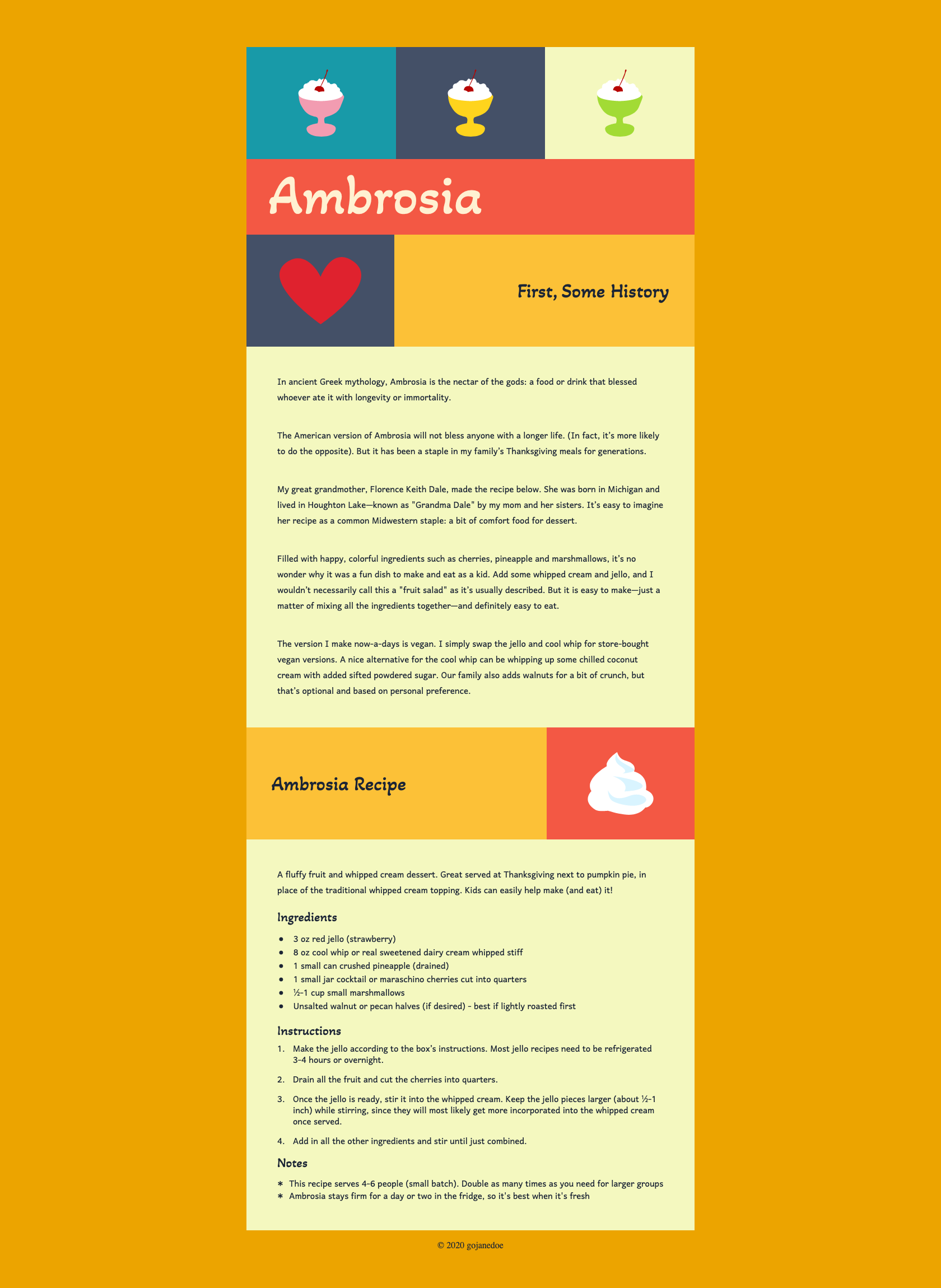 Screenshot of the ambrosia webpage at a desktop screen size. A grid of illustrations of cups of whipped cream and cherries, and a heart are followed by a section of text explaining the history of the recipe. Below that is the ambrosia recipe itself.