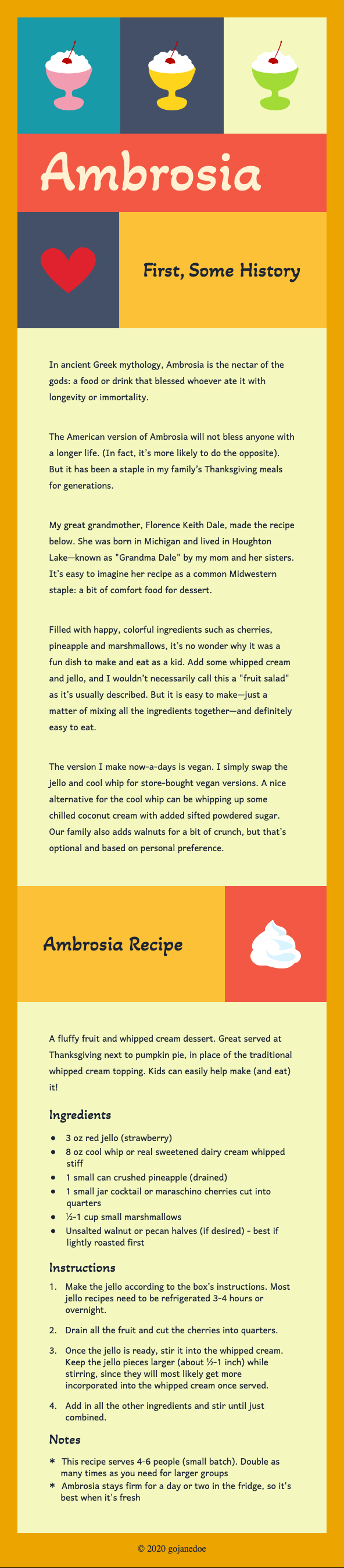 Screenshot of the ambrosia webpage at a tablet screen size. A grid of illustrations of cups of whipped cream and cherries, and a heart are followed by a section of text explaining the history of the recipe. Below that is the ambrosia recipe itself.