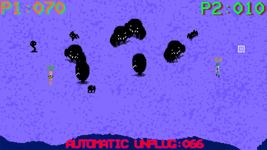 Gameplay two players at opposite ends of the screen with a medium amount of large enemies and spider-type enemies between them. The scores at the top read 'P1: 070' and 'P2: 010'. At the bottom is the time countdown, reading, 'Automatic Unplug: 066'