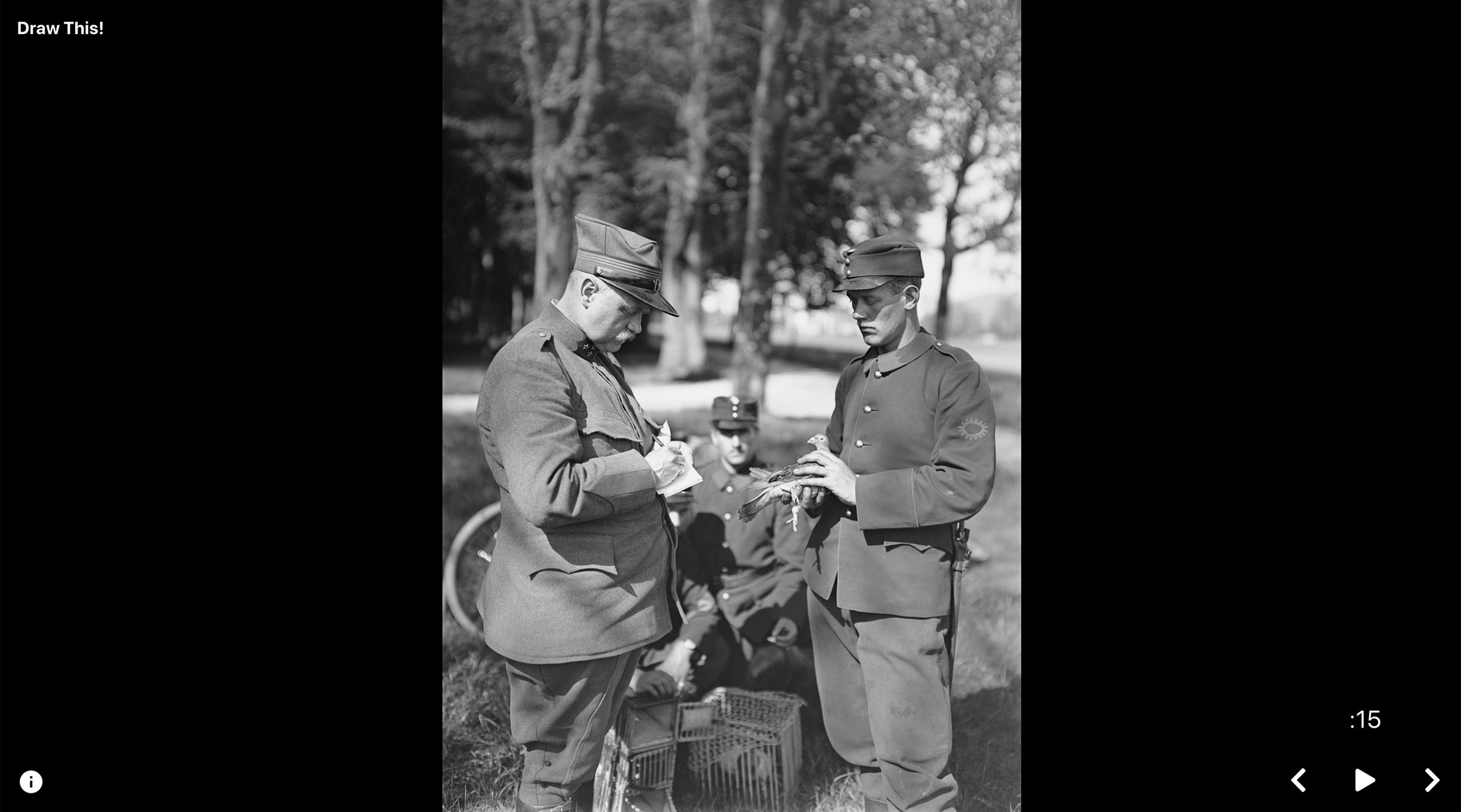 View full size version of app screenshot with black-and-white photograph of soldiers