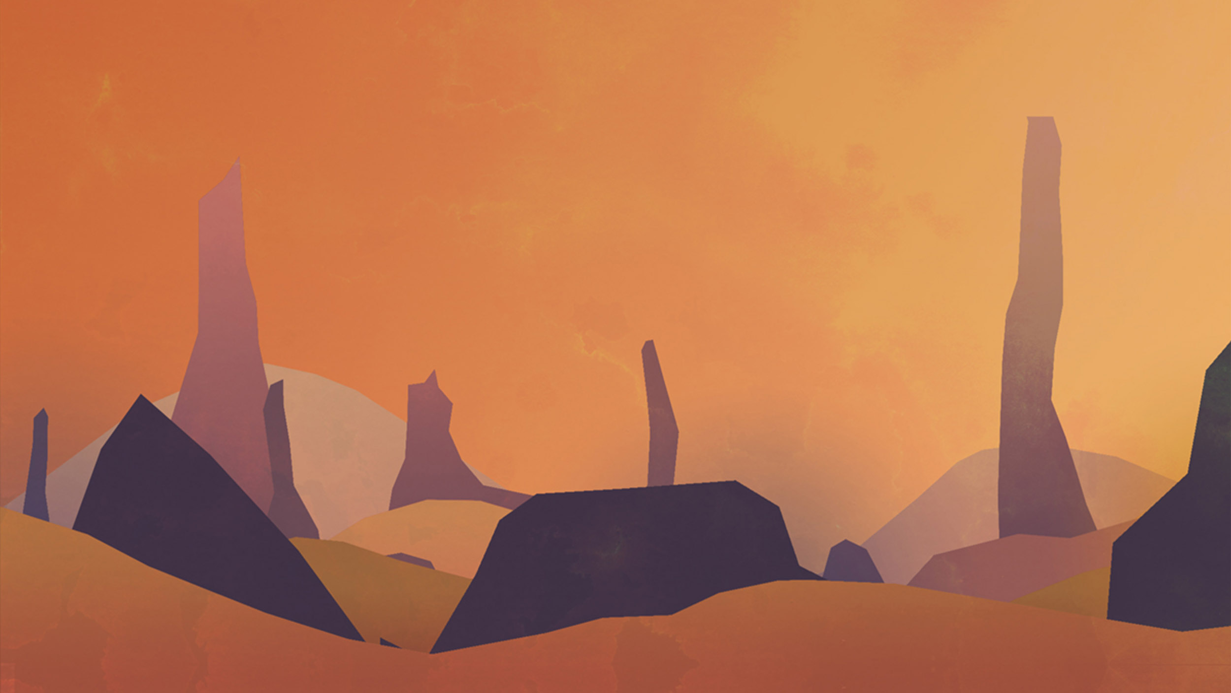 Digital illustration of desert mountains, with a red and orange gradient sunset in the background