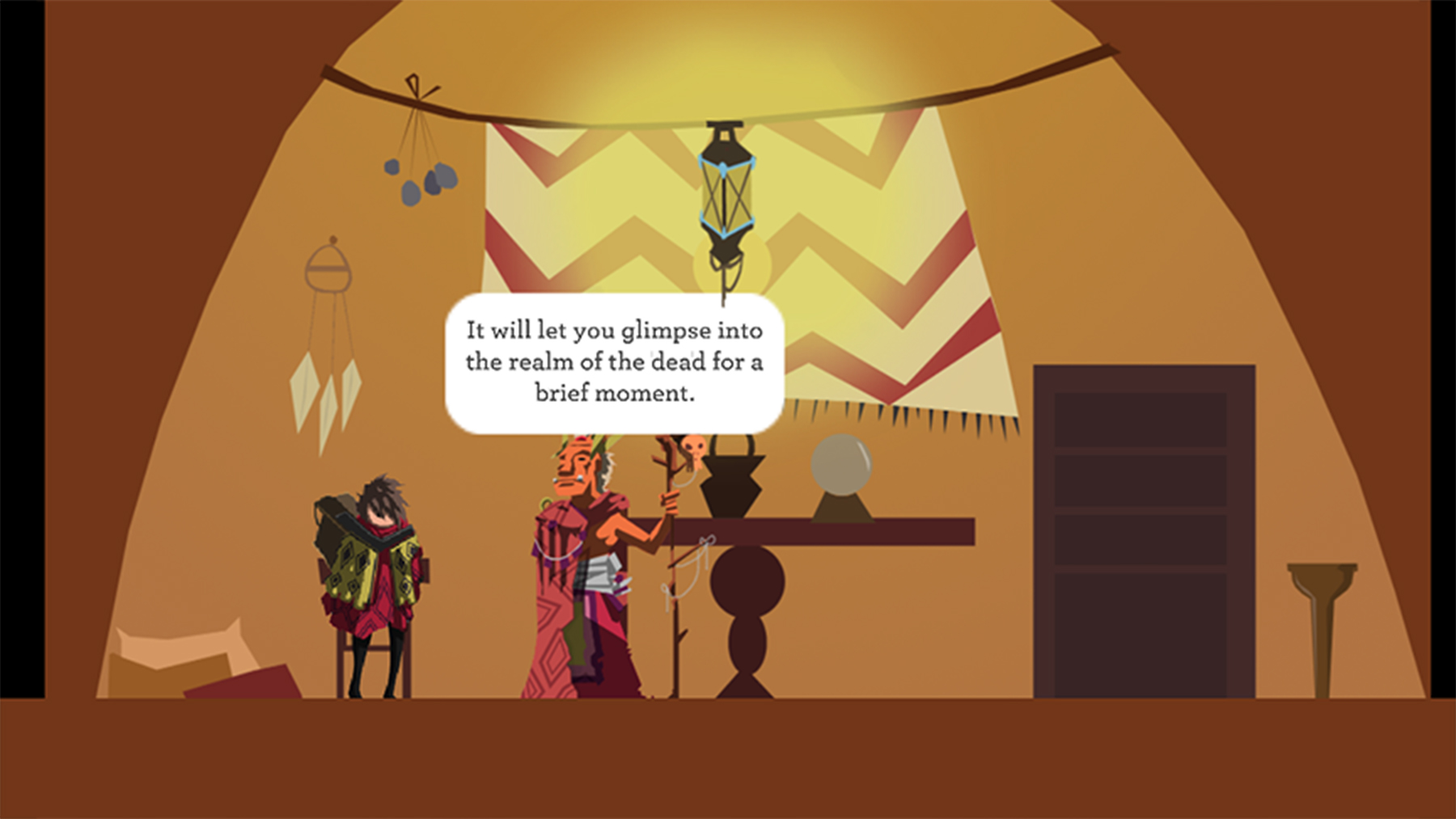 Screenshot of a character talking to a shaman inside a hut. Both are standing below a hanging lantern. The shaman has a speech bubble of text above him, reading, 'It will let you glimpse into the realm of the dead for a brief moment'