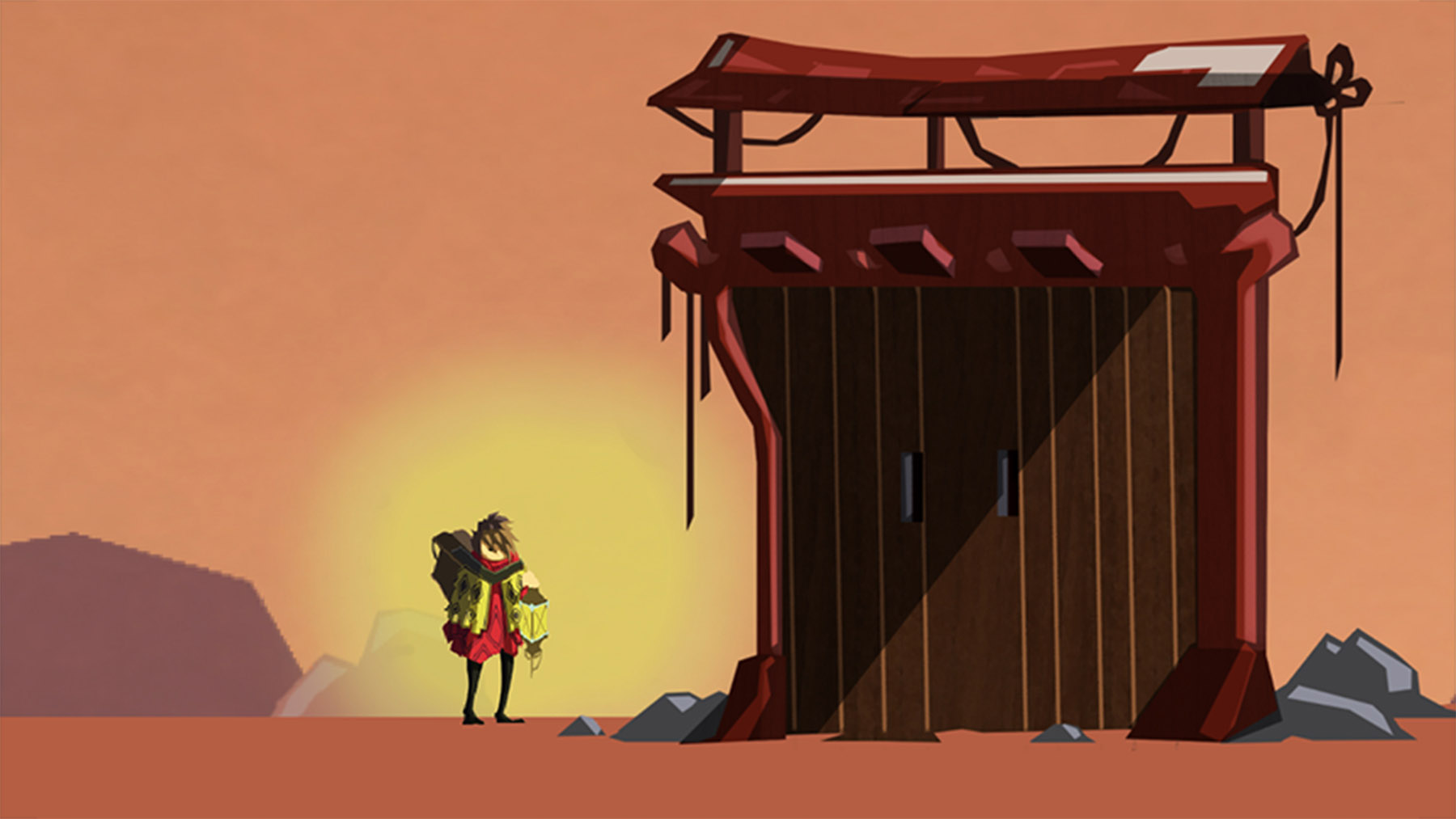 View full size version of a gameplay screenshot of traveler character outside a large gate