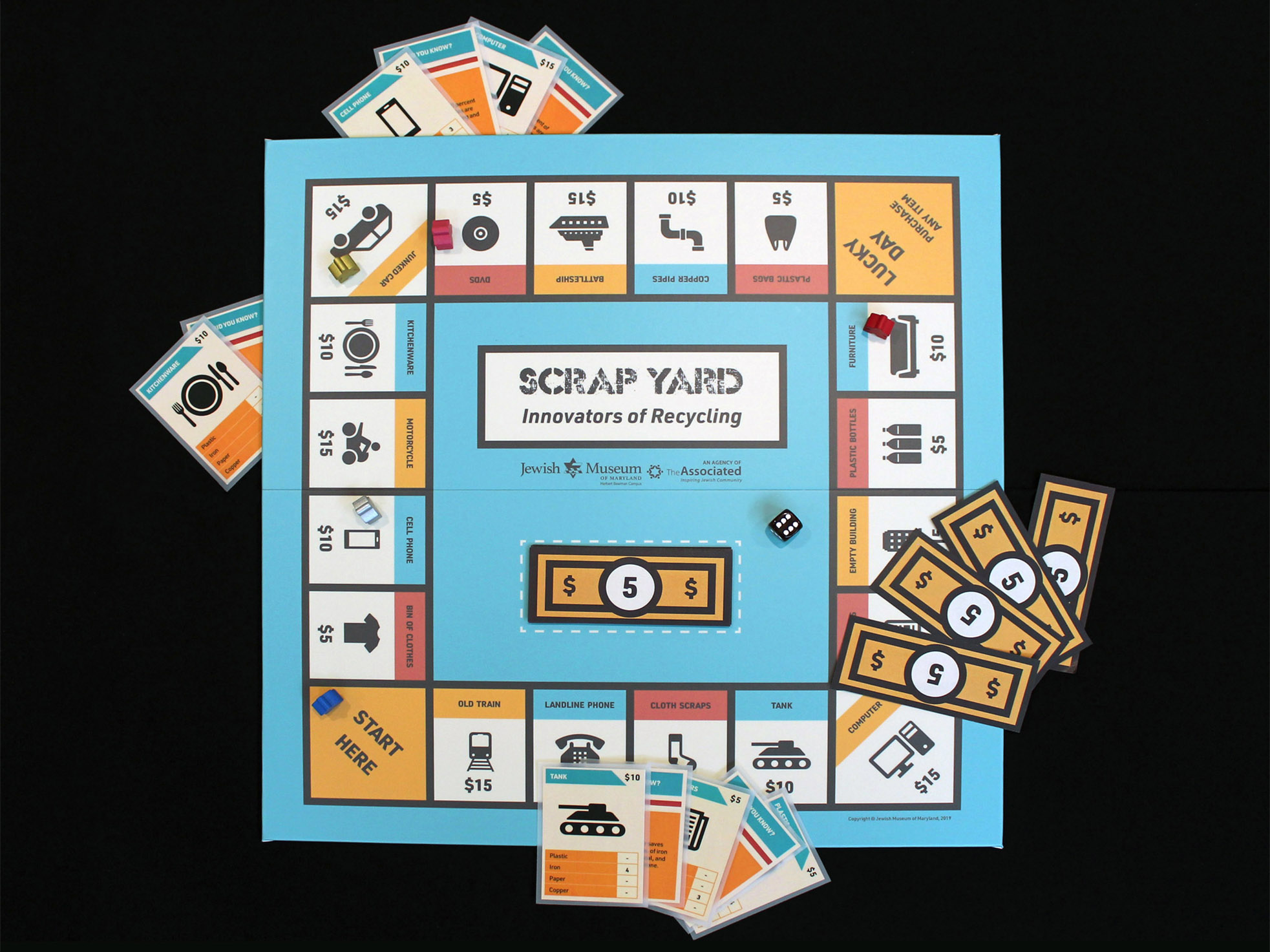 Brightly colored game board with cards and game money fanned around it