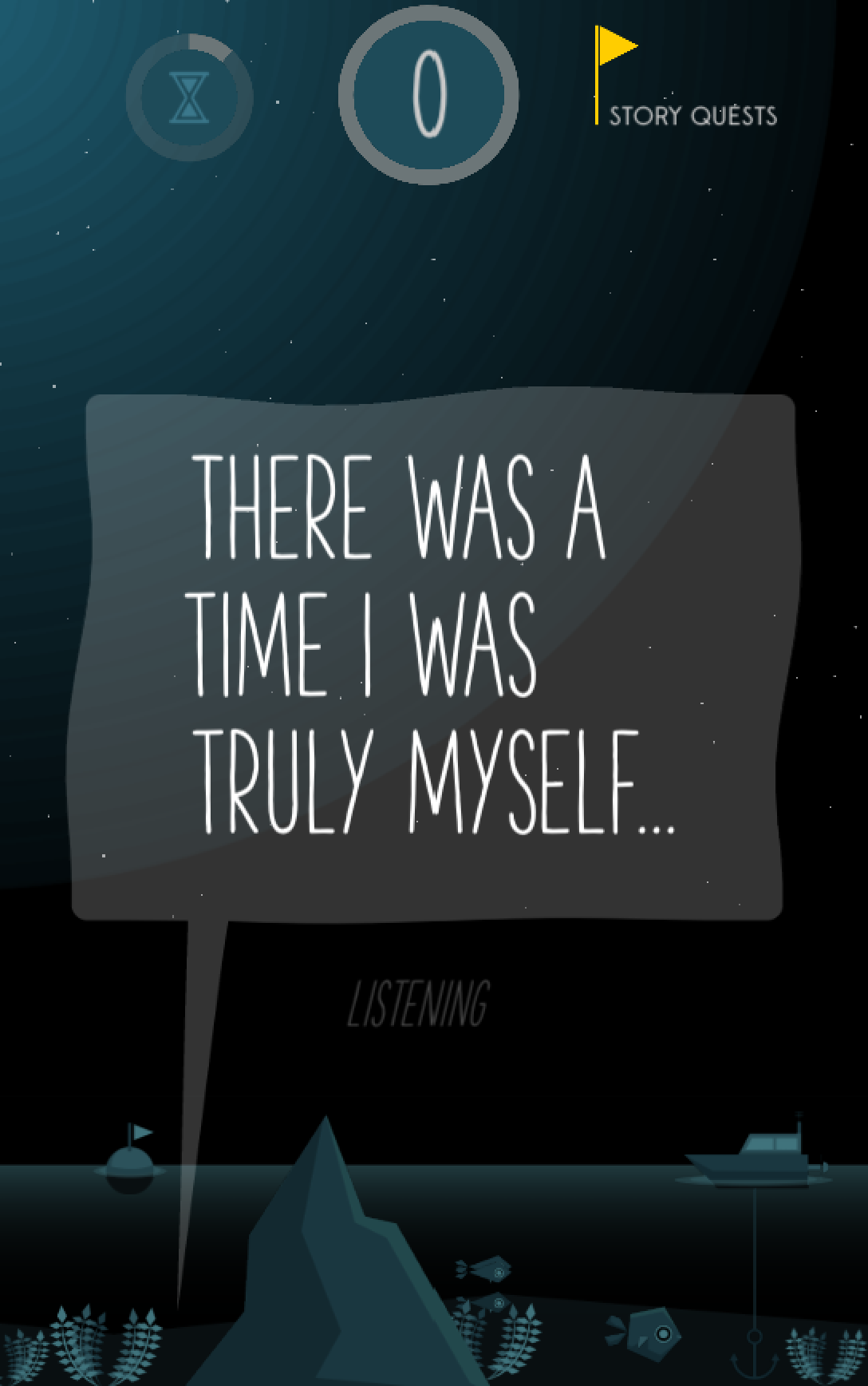 Smartphone screenshot of a question prompt during gameplay. The top has a countdown timer and button for story quests. In the prompt in the middle states, 'There was a time I was truly myself...'