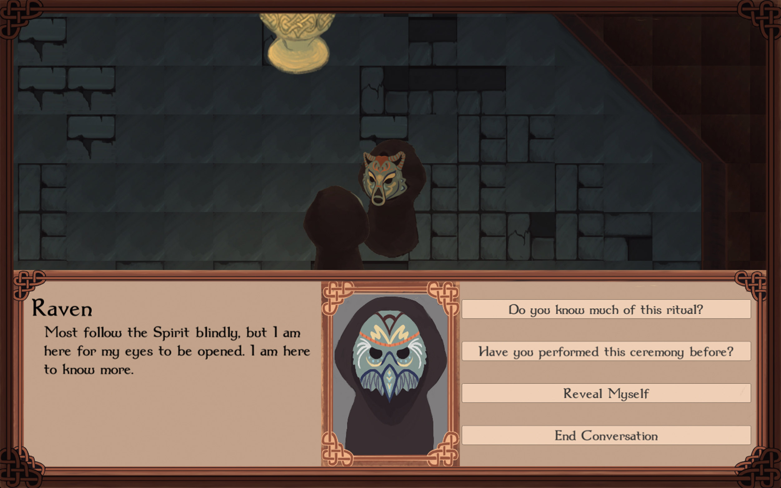 View full size version of a screenshot of gameplay, where characters talk to one another and a dialog box for the masked raven sits at the bottom of the screen