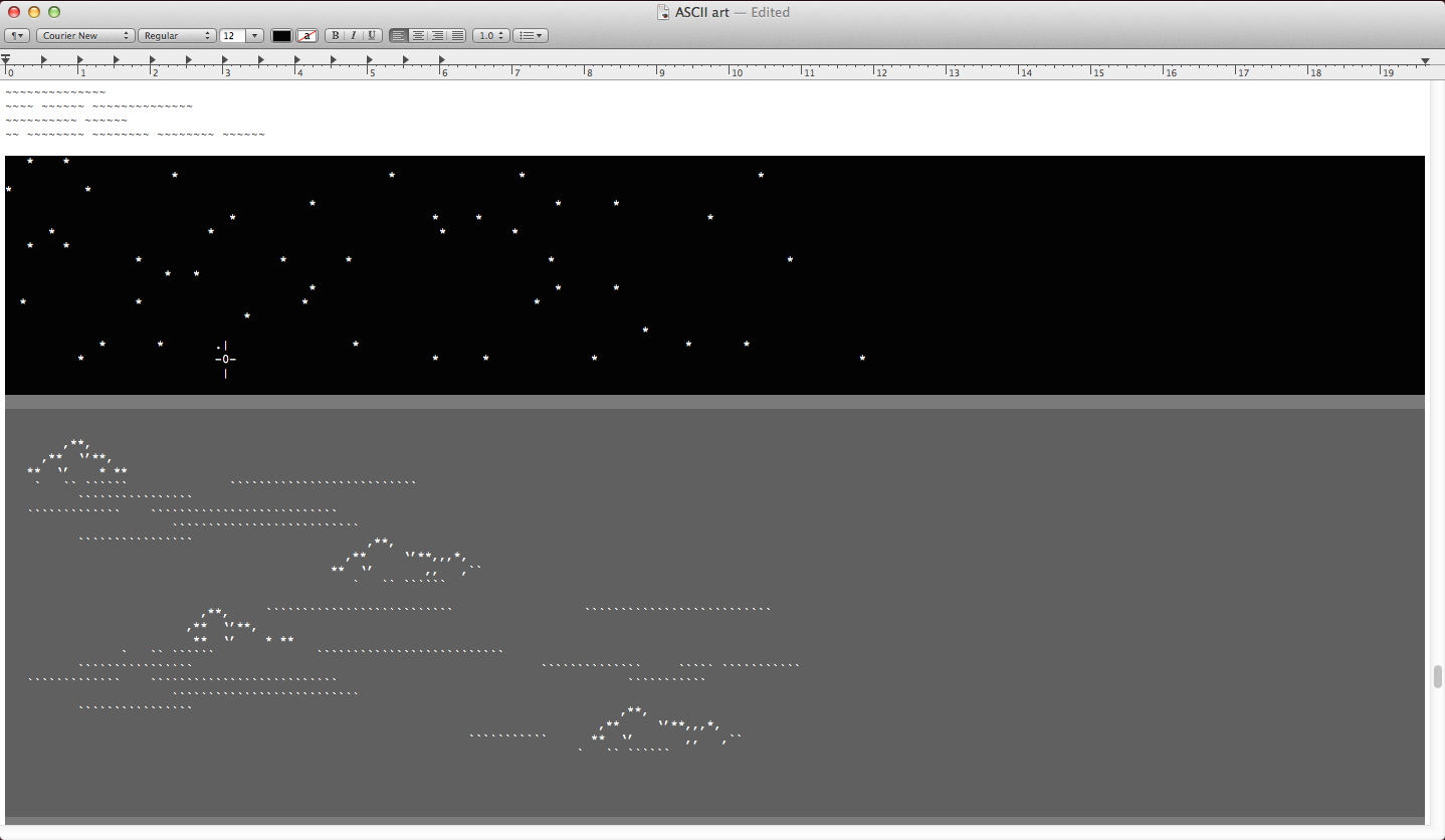 View full size version of screenshot of text document that contains ASCII sketches of stars and clouds
