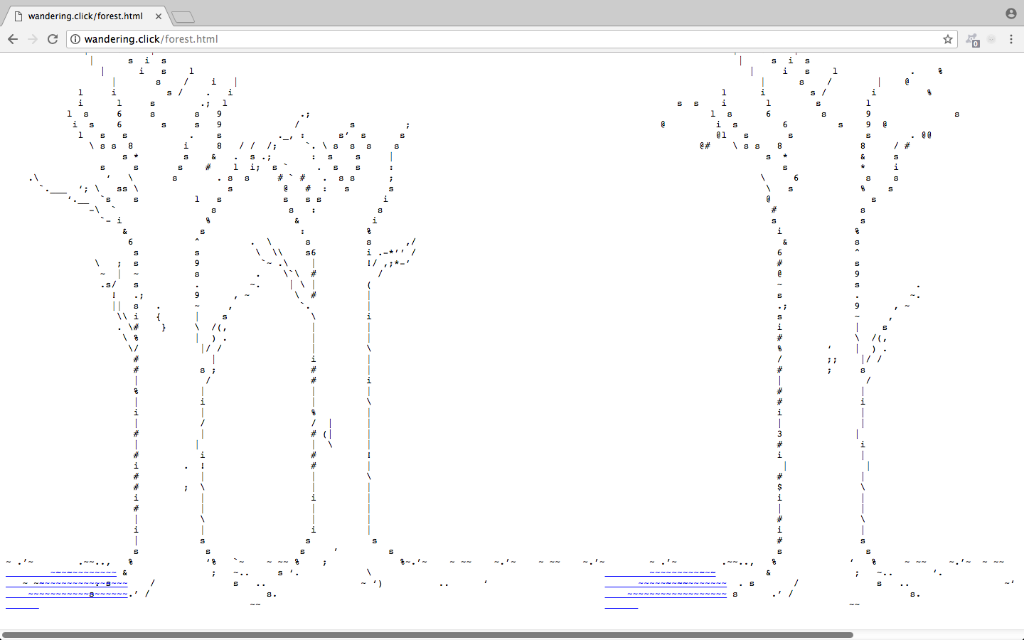 Screenshot of three ASCII trees growing out of the ground. Their shadows are blue underlined hyperlinks