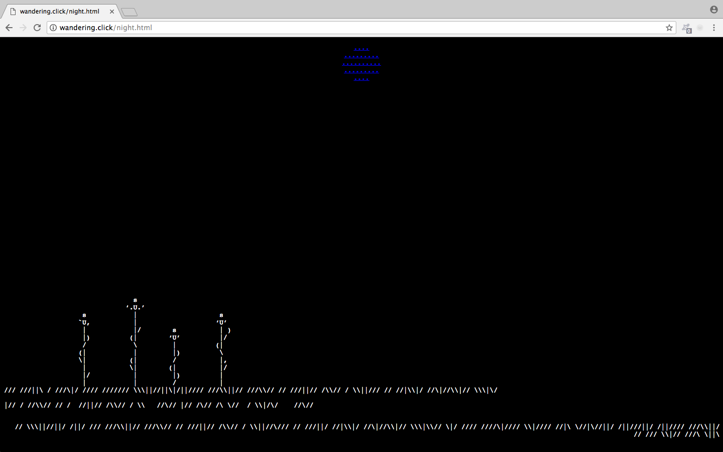 Screenshot of white ASCII flowers growing out of lines of grass on a black background
